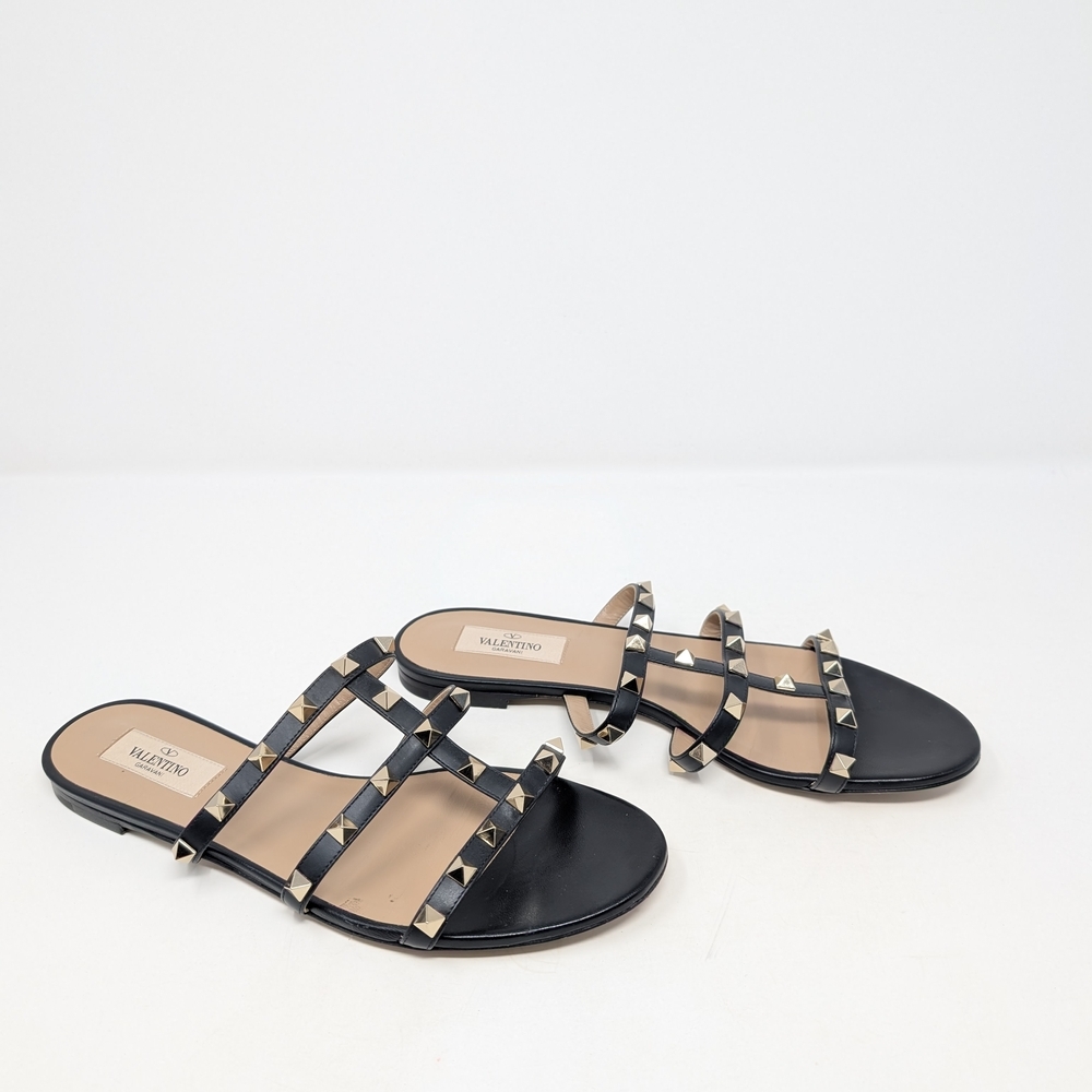 Valentino Garavani Rockstud Flat Slide Sandals Size 38 Black Gladiator